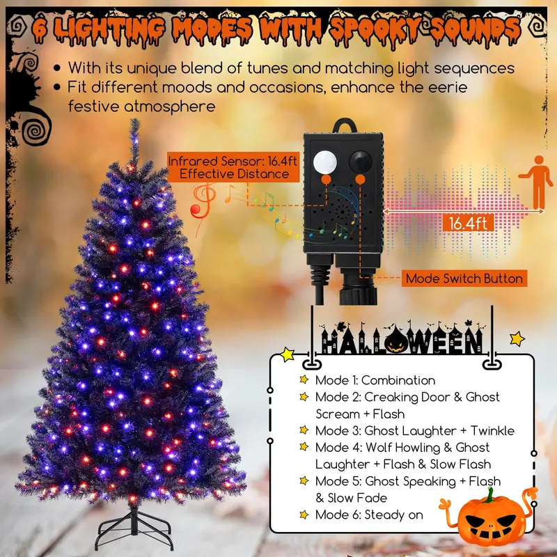 6-8 ft Black Pre-Lit Halloween Tree – Hinged Decorative Tree with 280–500 Orange & Purple LED Lights