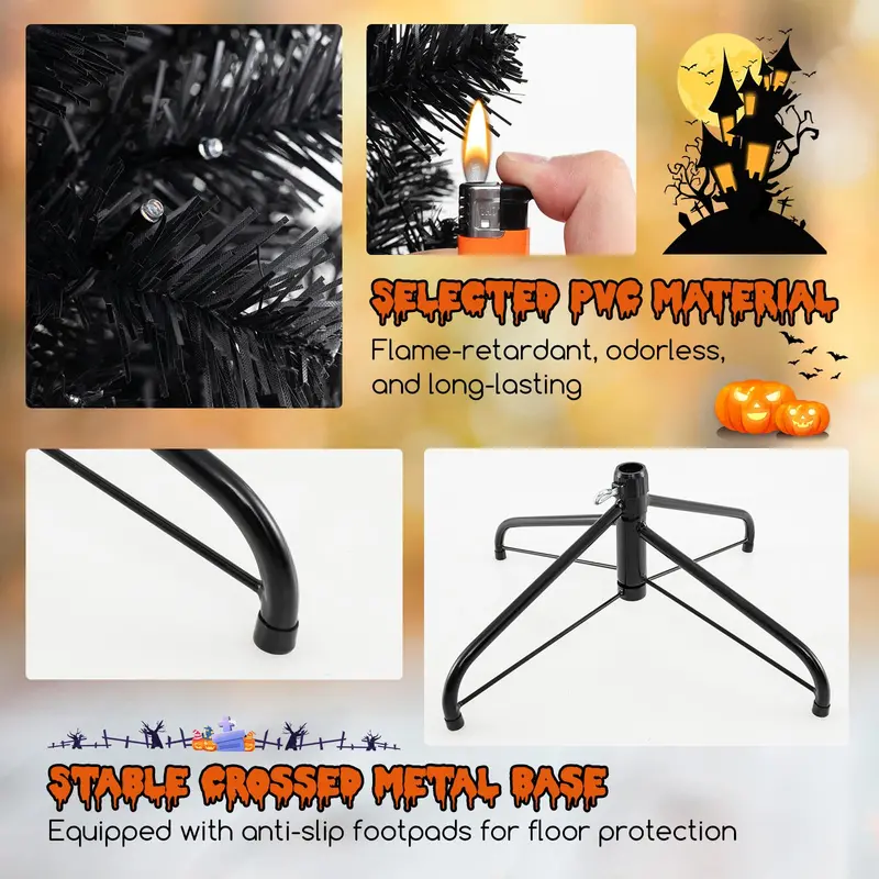 6-8 ft Black Pre-Lit Halloween Tree – Hinged Decorative Tree with 280–500 Orange & Purple LED Lights