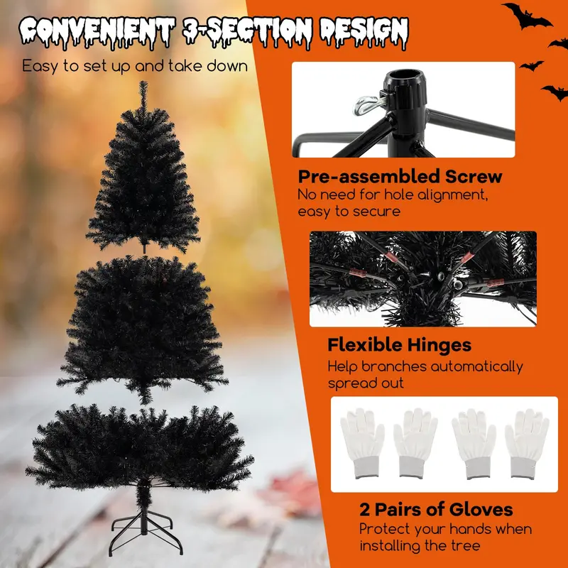 6-8 ft Black Pre-Lit Halloween Tree – Hinged Decorative Tree with 280–500 Orange & Purple LED Lights