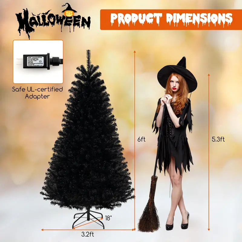 6-8 ft Black Pre-Lit Halloween Tree – Hinged Decorative Tree with 280–500 Orange & Purple LED Lights