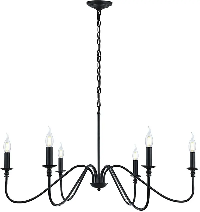 6-Arm Matte Black Candelabra Chandelier – Industrial-Inspired Fixture with Vintage Candle-Like Arms