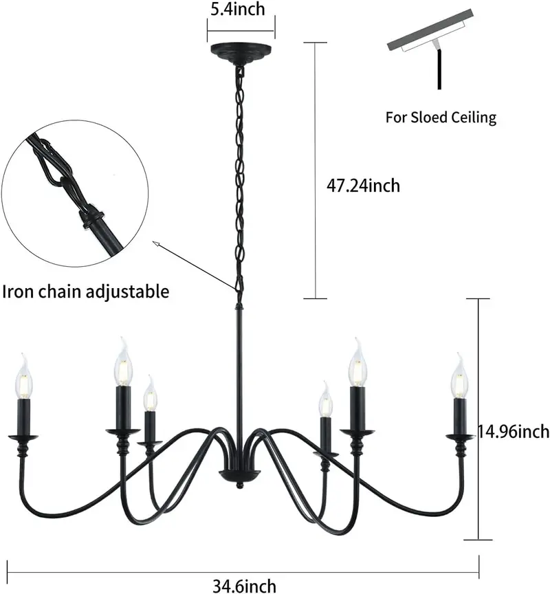 6-Arm Matte Black Candelabra Chandelier – Industrial-Inspired Fixture with Vintage Candle-Like Arms 2
