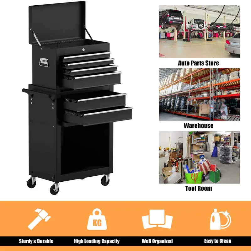 6-Drawer Rolling Tool Chest – Removable Steel Cabinet with Sliding Storage Compartments