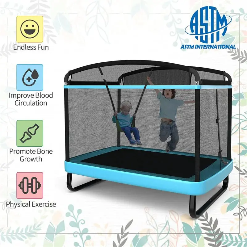 6-Foot ASTM-Certified Kids' Trampoline with Enclosure Net & Swing – Rectangular Indoor/Outdoor Bounce Pad for Ages 3–8, 220 lb Max Load