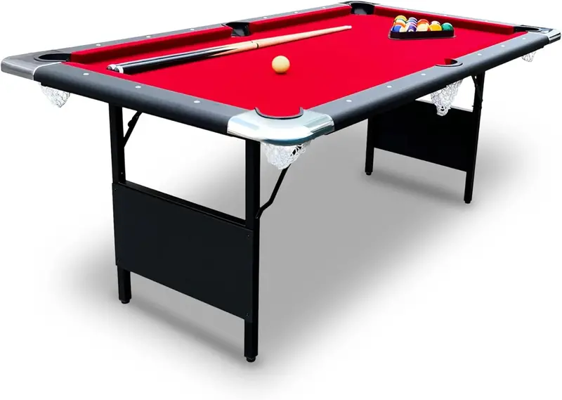 6-Foot Folding Portable Pool Table for Adults – Compact Billiards Set with Storage, Includes Cues, Balls, Chalk, and Brush
