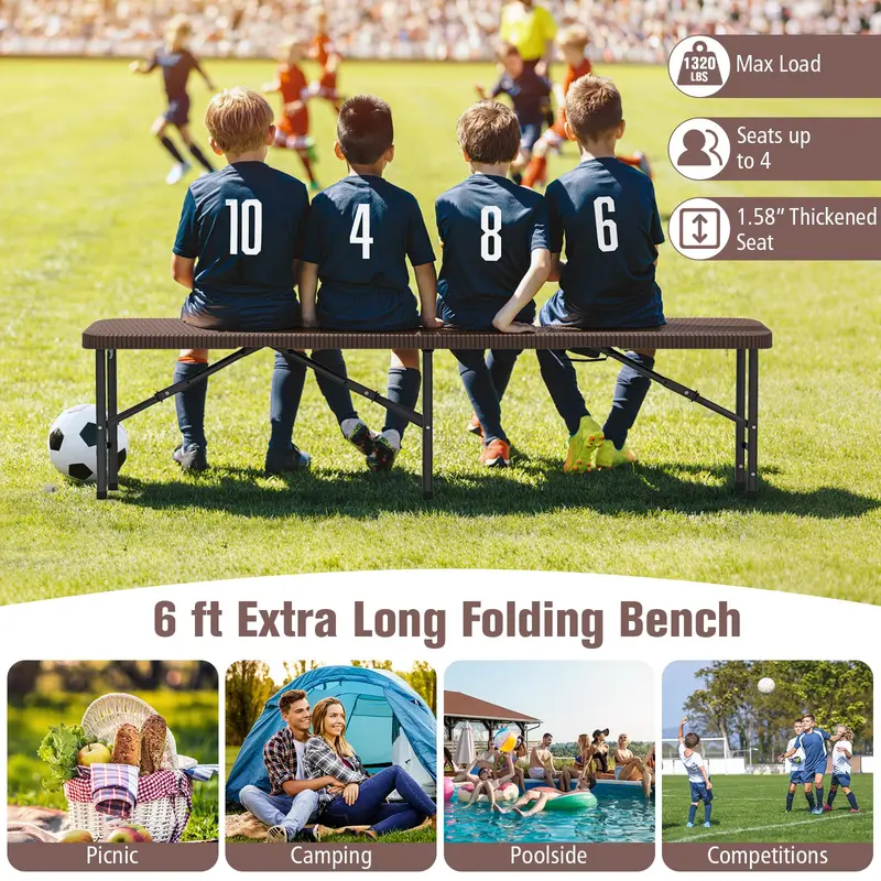 6-Foot Heavy-Duty Plastic Folding Bench – 1320-LB Capacity Portable Seat for Camping, Picnics & Events