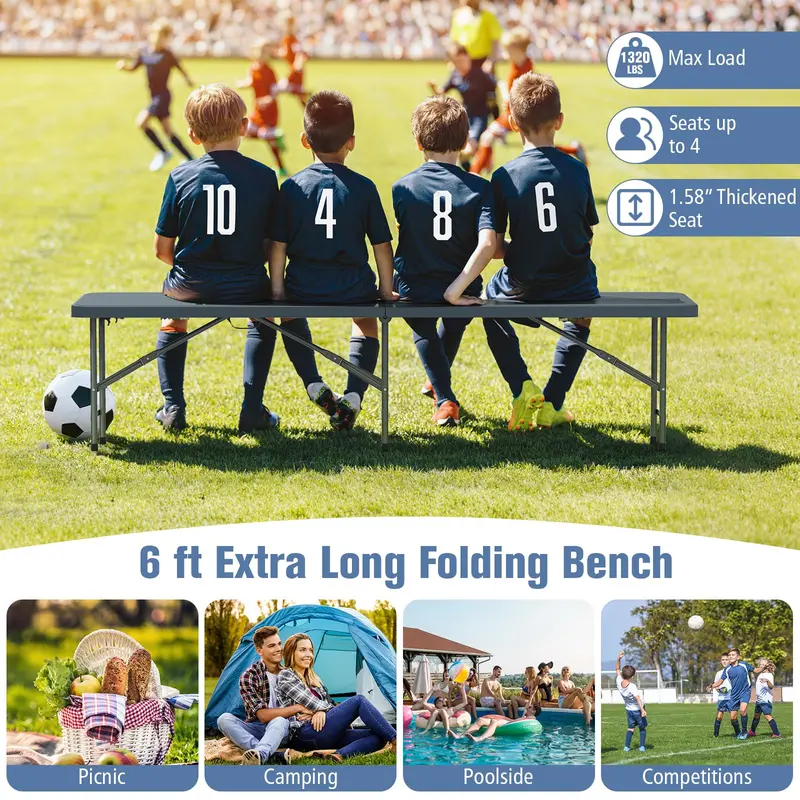6-Foot Heavy-Duty Plastic Folding Bench – 1320 lb Weight Capacity, Lightweight Portable Design