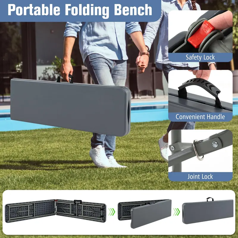 6-Foot Heavy-Duty Plastic Folding Bench – 1320 lb Weight Capacity, Lightweight Portable Design