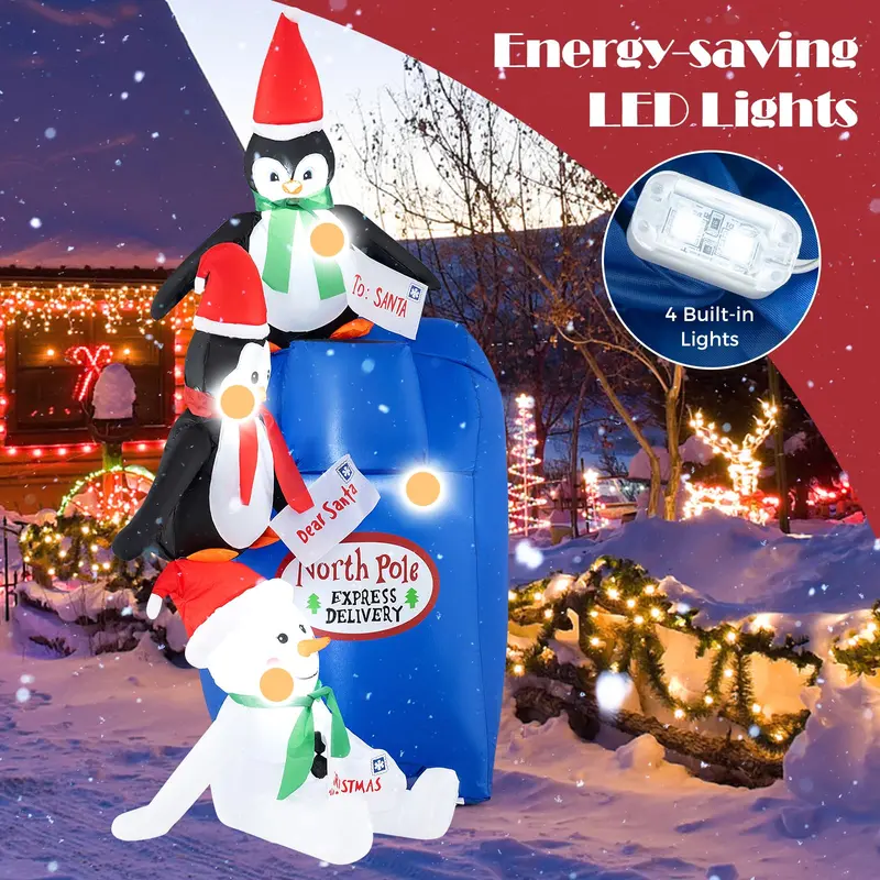 6-Foot Inflatable Christmas Display: Light-Up Santa Mailbox with Penguin and Snowman Scene 2