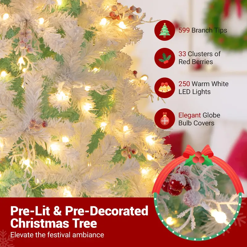 6-Foot or 7-Foot Hinged Pre-Lit Christmas Tree with Snow-Flocked Branches and Energy-Efficient LEDs