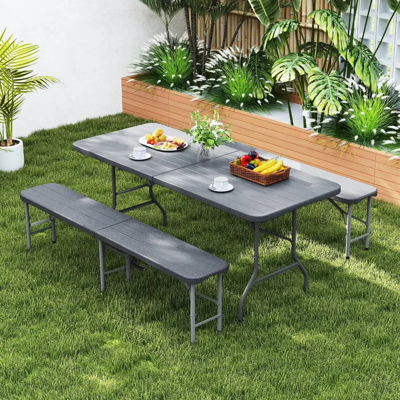 6-Foot Portable Picnic Set — HDPE Wood-Grain Folding Table & Benches (3-Piece) 2