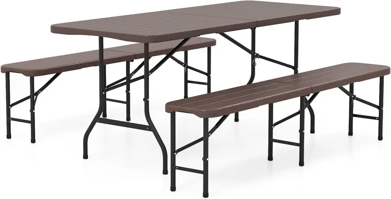 6-Foot Portable Picnic Set — HDPE Wood-Grain Folding Table & Benches (3-Piece)