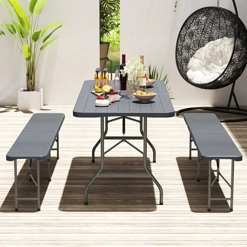 6-Foot Portable Picnic Set — HDPE Wood-Grain Folding Table & Benches (3-Piece)