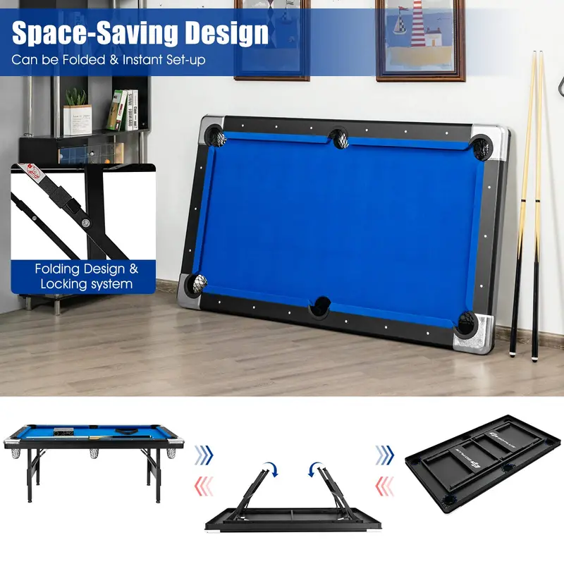 6-Foot Portable Pool Table – Foldable Billiards Set with Full Accessories for Adults
