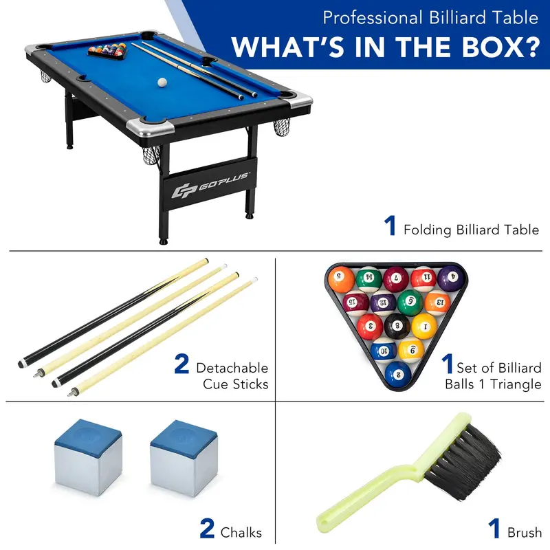 6-Foot Portable Pool Table – Foldable Billiards Set with Full Accessories for Adults