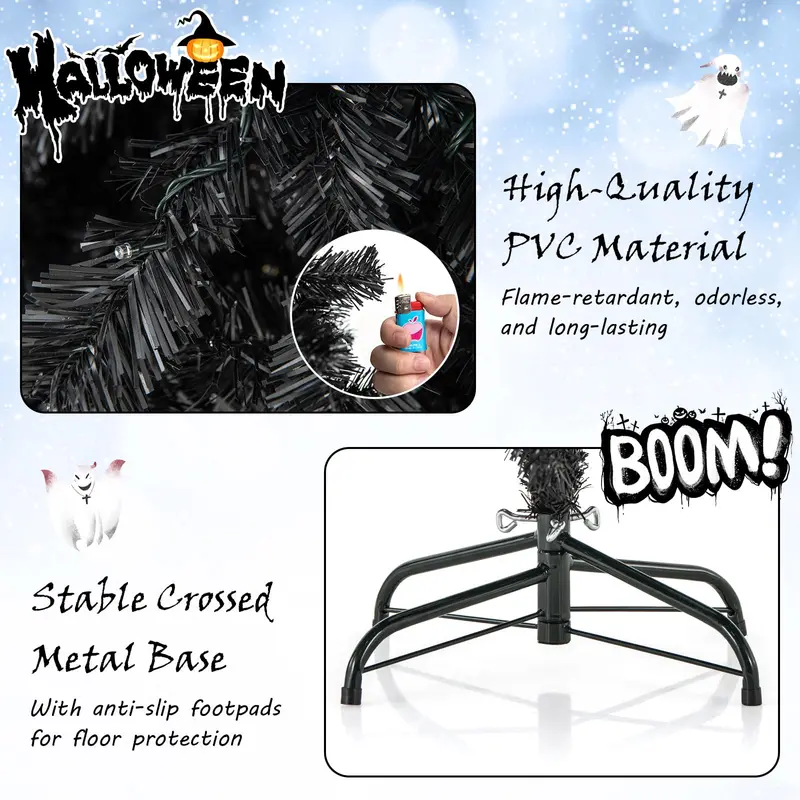 6-Foot Pre-Lit Black Halloween Tree – Flexible-Top Artificial Tree with Festive Gothic Appeal