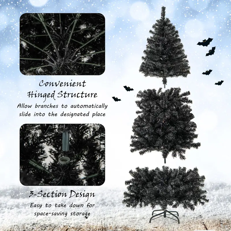 6-Foot Pre-Lit Black Halloween Tree – Flexible-Top Artificial Tree with Festive Gothic Appeal