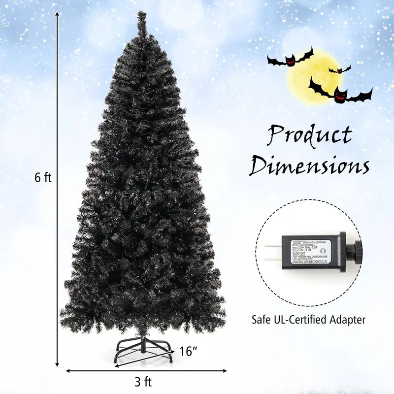 6-Foot Pre-Lit Black Halloween Tree – Flexible-Top Artificial Tree with Festive Gothic Appeal