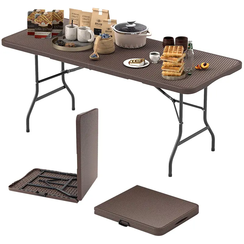 6-Foot Rattan-Style Plastic Folding Table – HDPE Textured Top, 350 lb Outdoor Duty