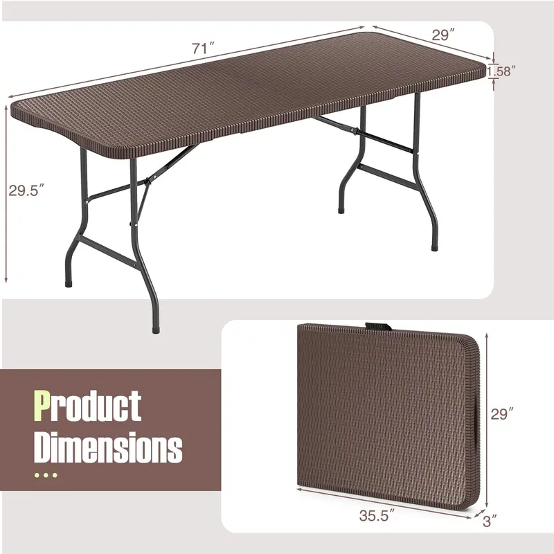6-Foot Rattan-Style Plastic Folding Table – HDPE Textured Top, 350 lb Outdoor Duty