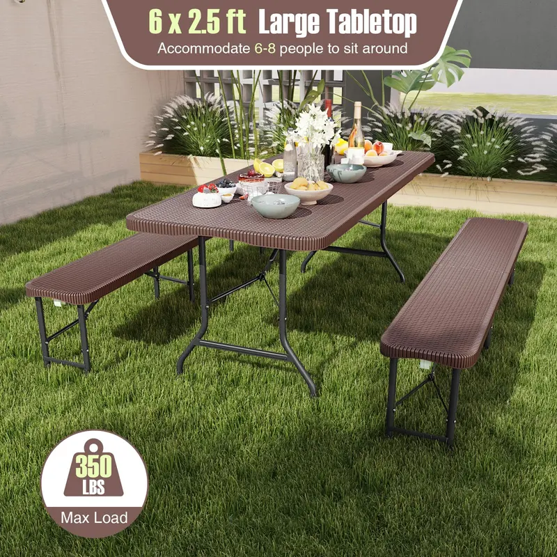 6-Foot Rattan-Style Plastic Folding Table – HDPE Textured Top, 350 lb Outdoor Duty