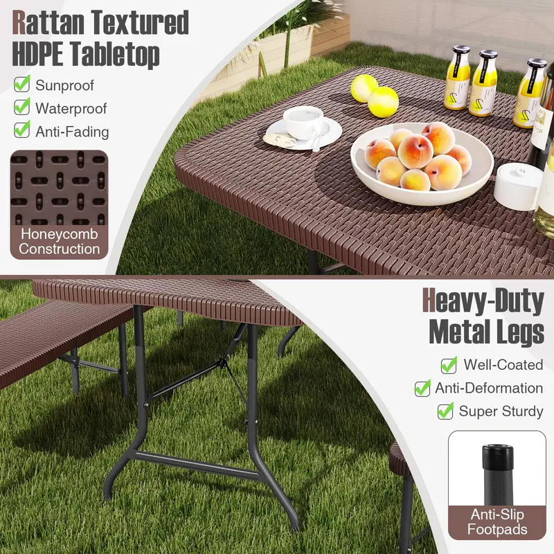 6-Foot Rattan-Style Plastic Folding Table – HDPE Textured Top, 350 lb Outdoor Duty