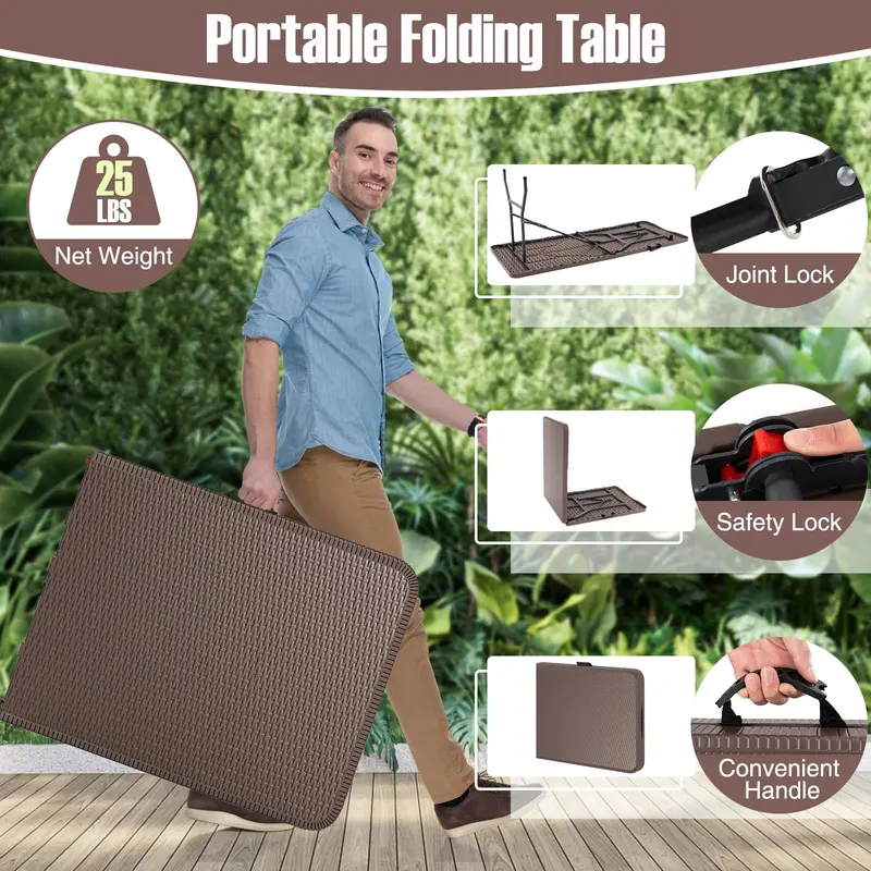 6-Foot Rattan-Style Plastic Folding Table – HDPE Textured Top, 350 lb Outdoor Duty