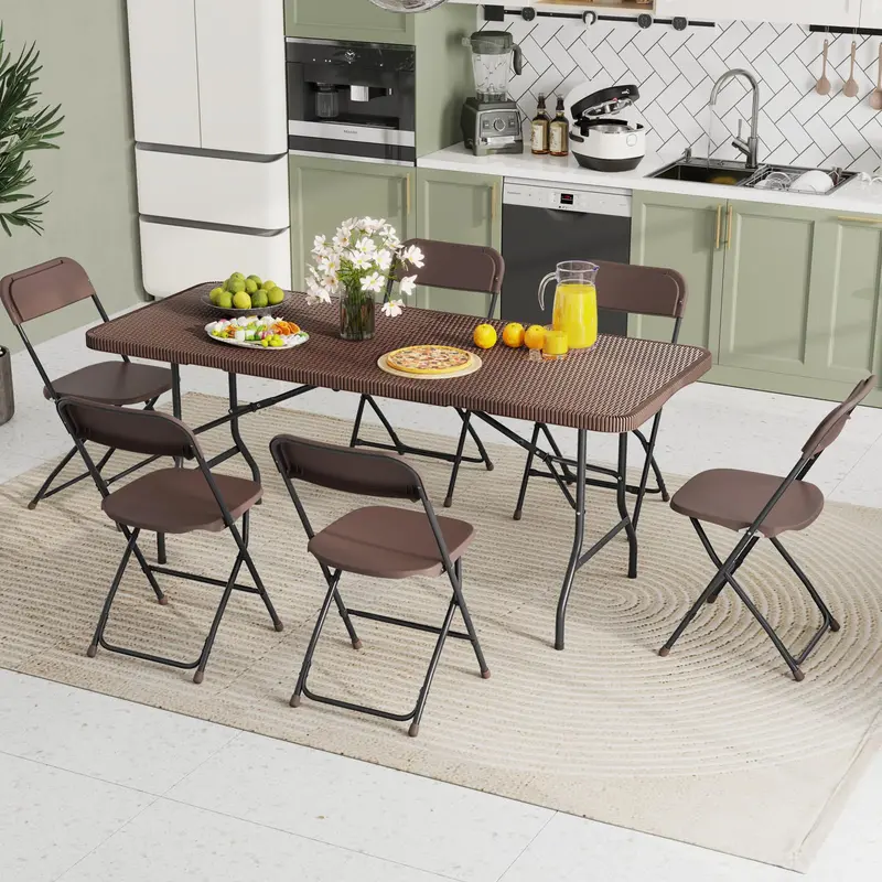 6-Foot Rattan-Style Plastic Folding Table – HDPE Textured Top, 350 lb Outdoor Duty
