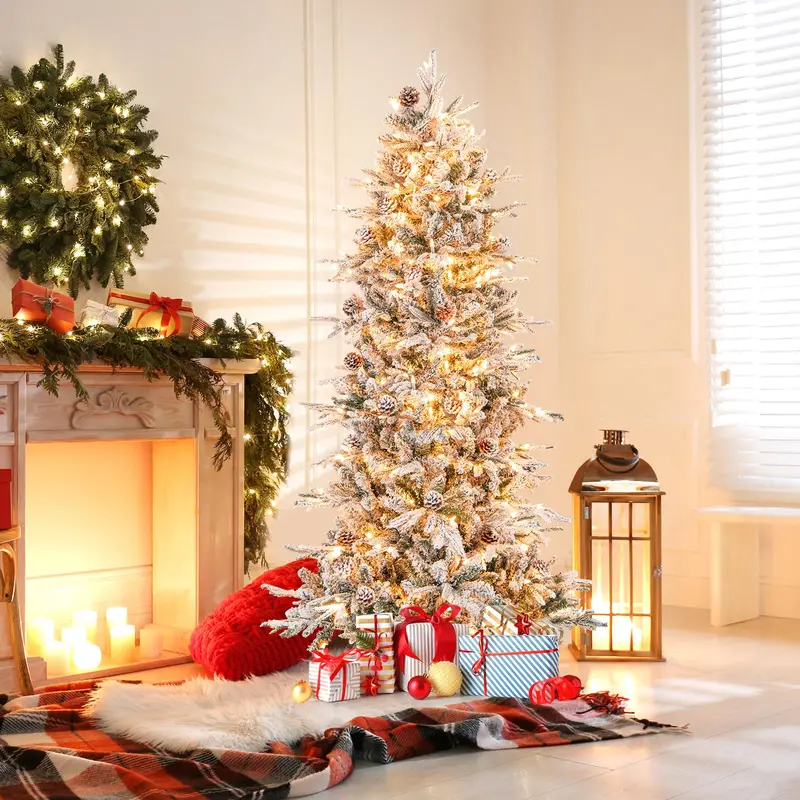 6-Foot Snow-Flocked Hinged Christmas Tree with 210 Warm-White Incandescent Bulbs 2