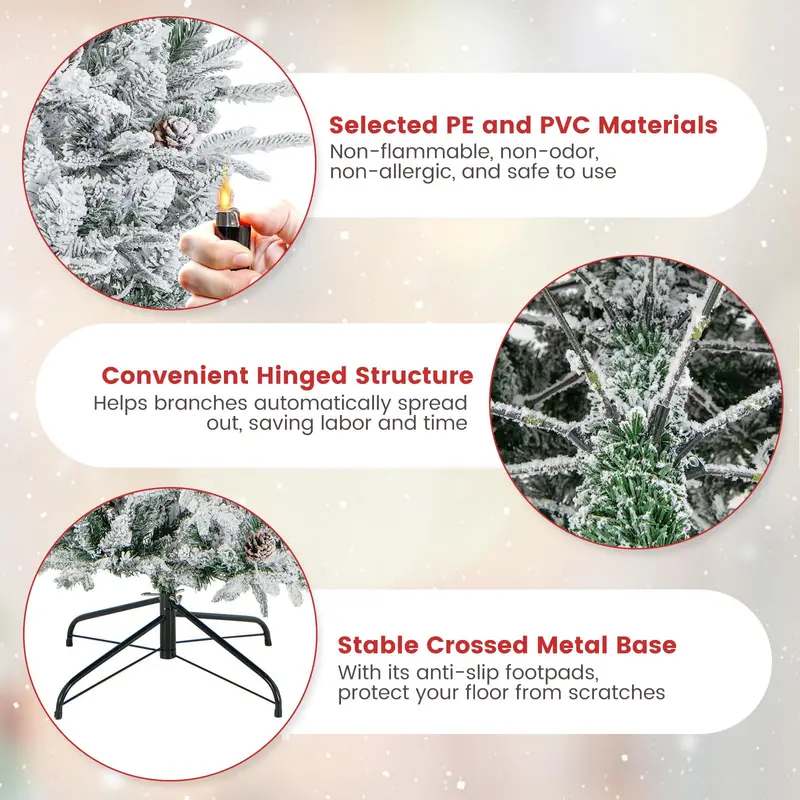 6-Foot Snow-Flocked Hinged Christmas Tree with 210 Warm-White Incandescent Bulbs