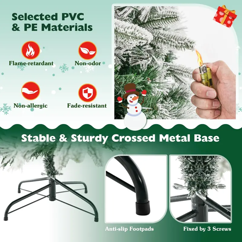 6-Foot Snow-Flocked Pre-Lit Christmas Tree with Realistic Pine Branches