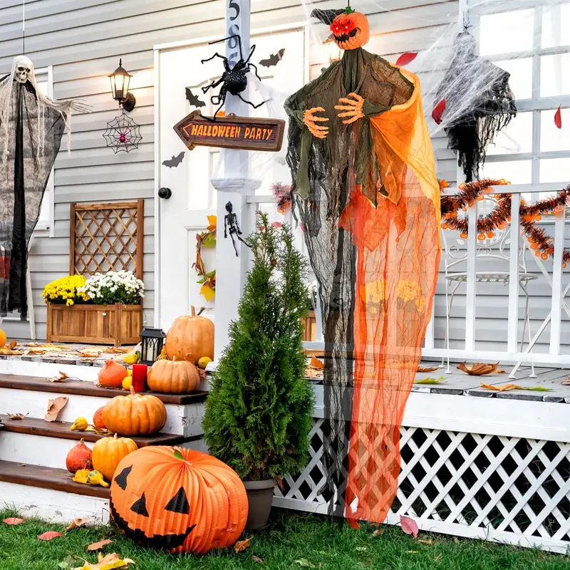 6 ft Hanging Ghost Pumpkin Man – Animated Halloween Decor with Red LED Eyes & Articulating Limbs 2