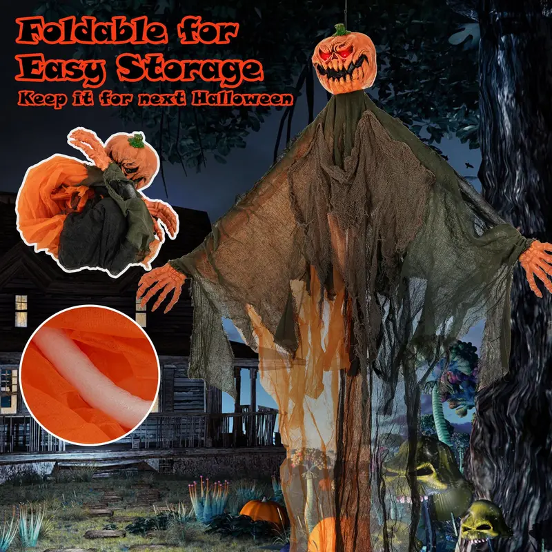 6 ft Hanging Ghost Pumpkin Man – Animated Halloween Decor with Red LED Eyes & Articulating Limbs