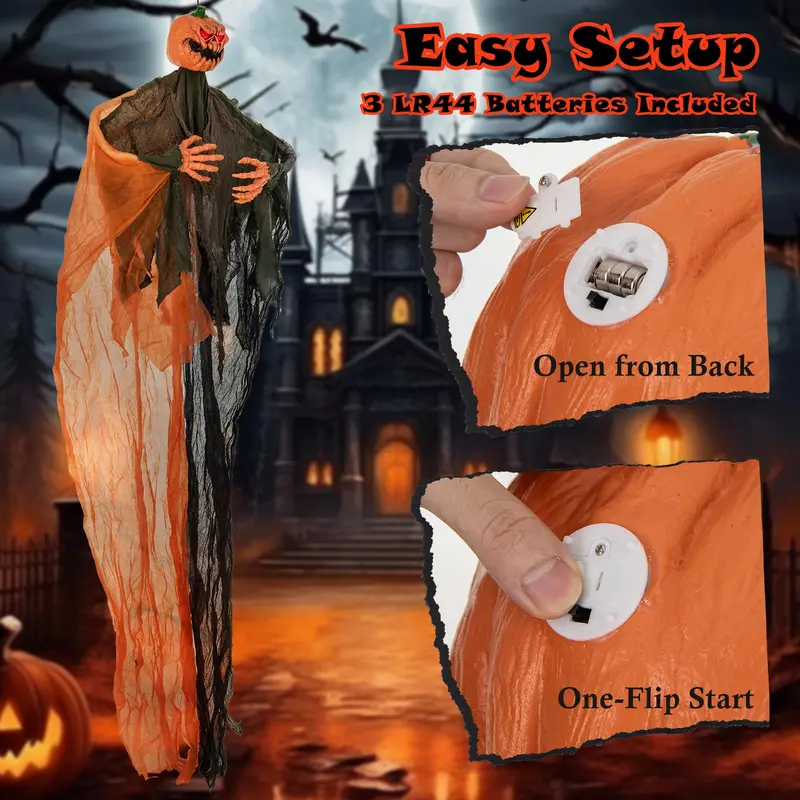 6 ft Hanging Ghost Pumpkin Man – Animated Halloween Decor with Red LED Eyes & Articulating Limbs