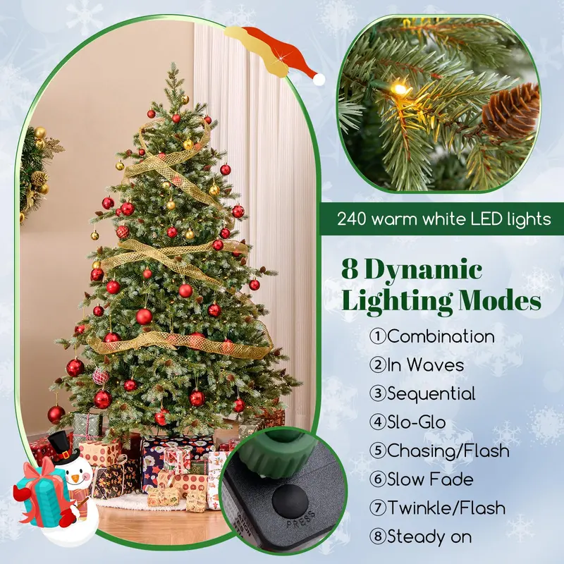 6 ft Pre-Lit Full-Profile Artificial Christmas Tree – Hinged Pine-Style Xmas Tree with 240 Warm White LEDs