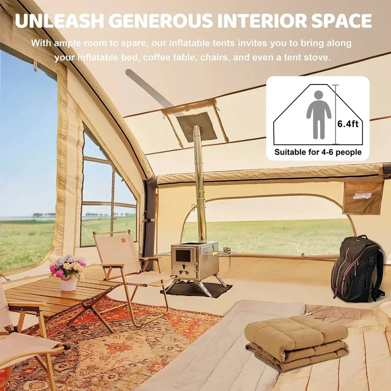 6-Person Inflatable Glamping Tent – 10' x 7', Waterproof & Windproof