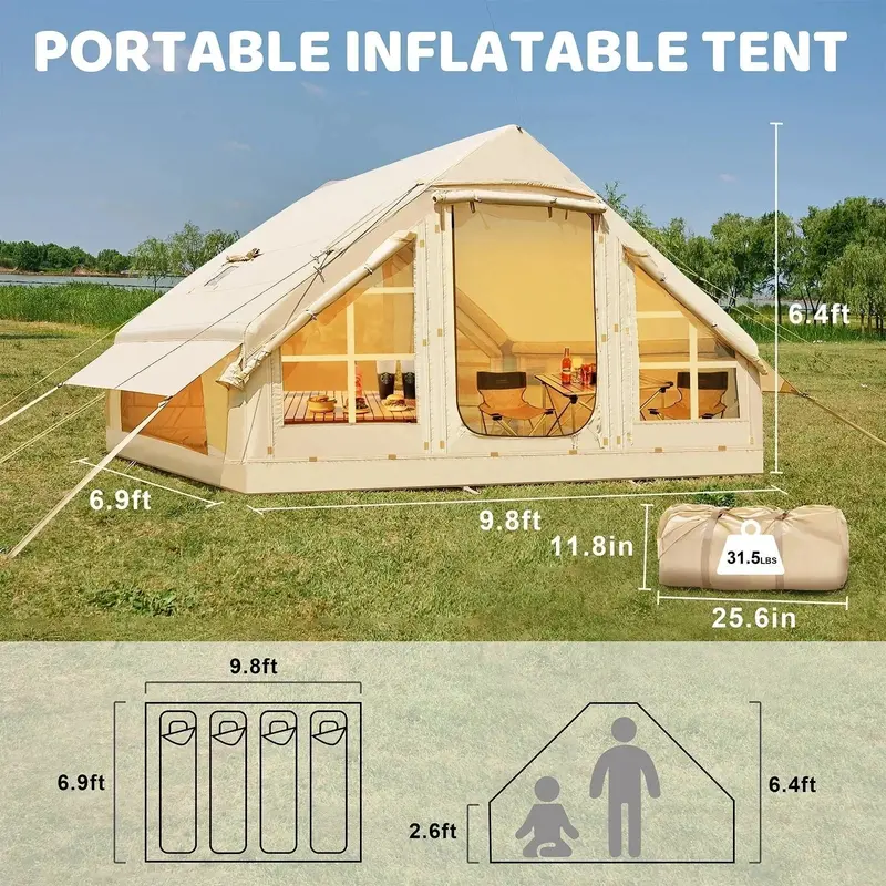 6-Person Inflatable Glamping Tent – 10' x 7', Waterproof & Windproof