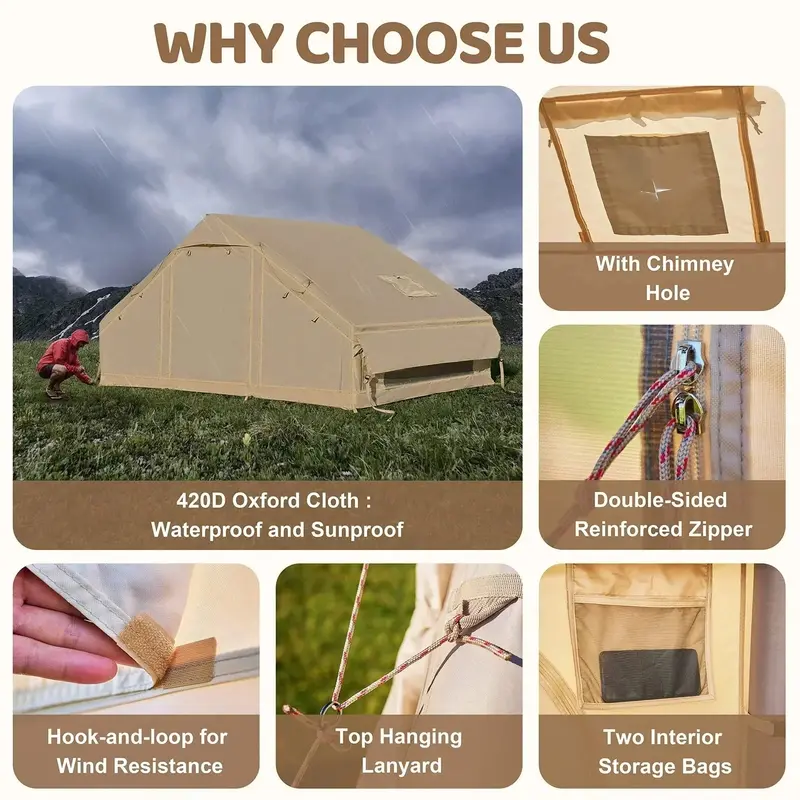 6-Person Inflatable Glamping Tent – 10' x 7', Waterproof & Windproof