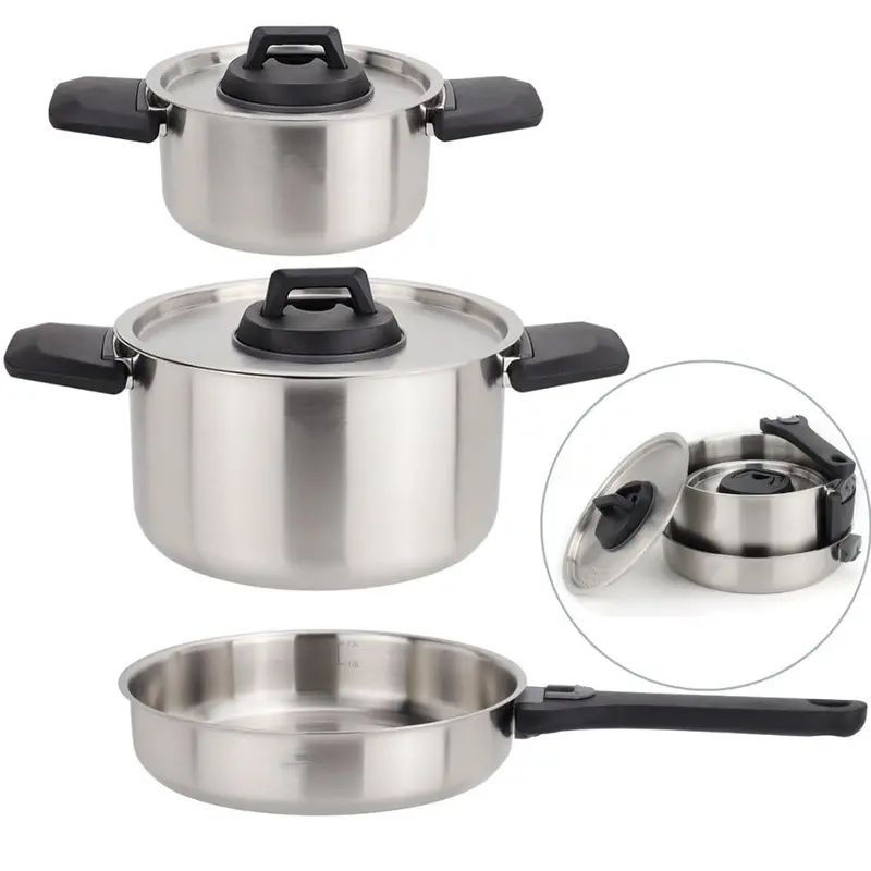 6-Piece Nesting Camping Cookware Set – Stainless Steel with Detachable Handles & Space-Saving Design