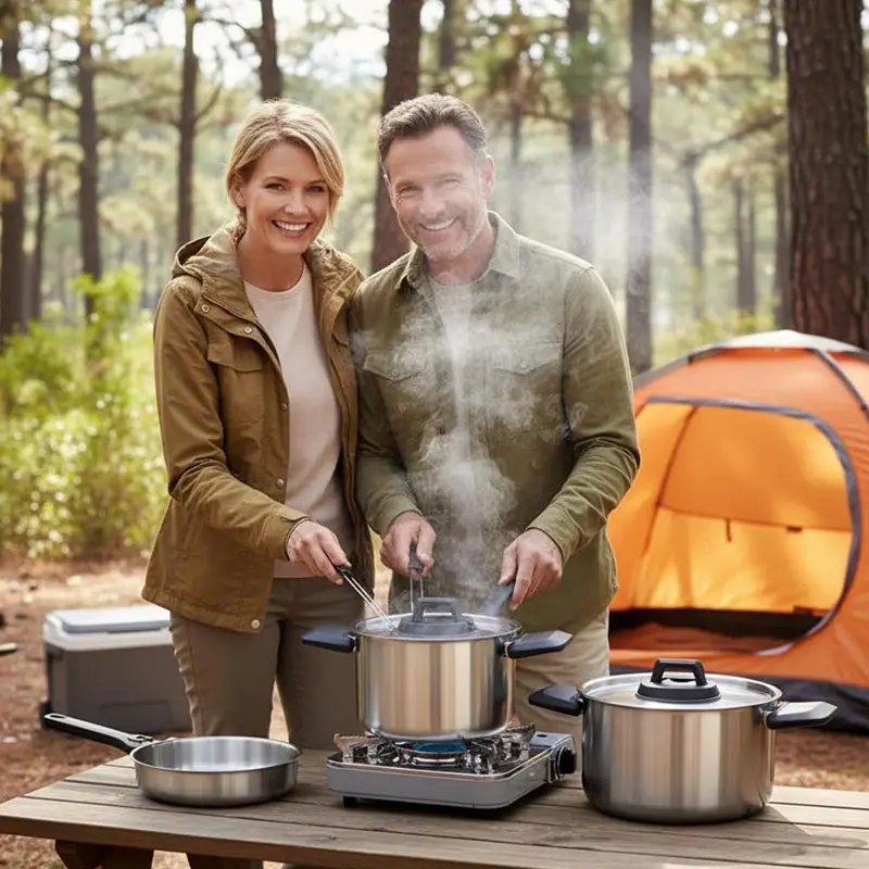 6-Piece Nesting Camping Cookware Set – Stainless Steel with Detachable Handles & Space-Saving Design 2