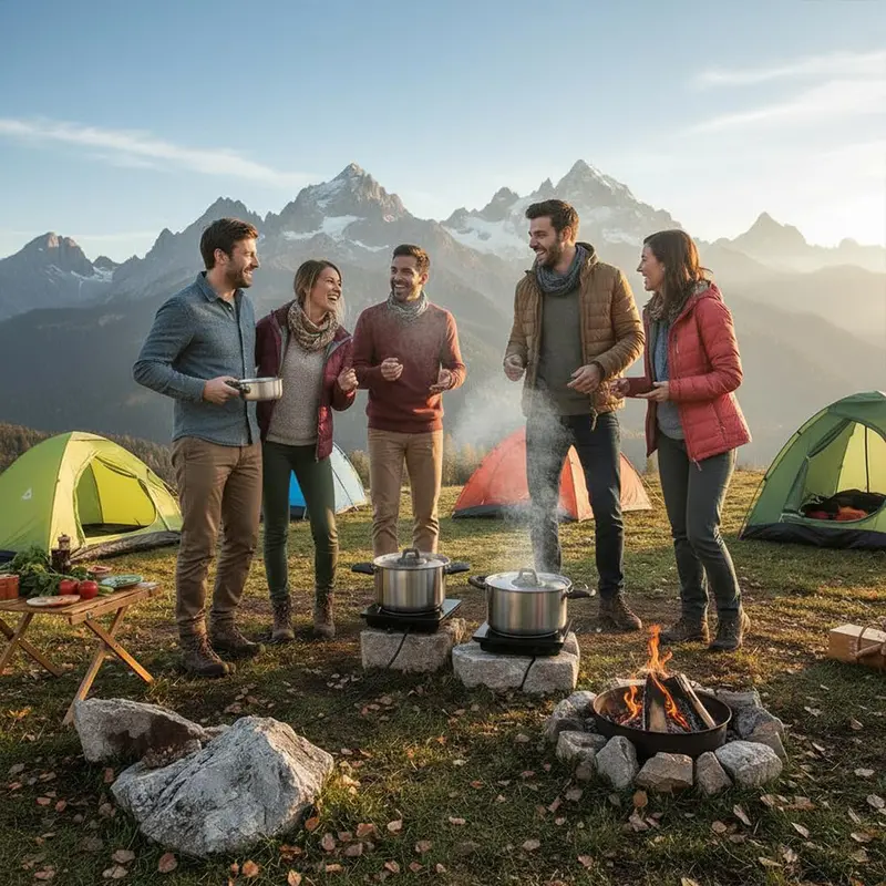 6-Piece Nesting Camping Cookware Set – Stainless Steel with Detachable Handles & Space-Saving Design