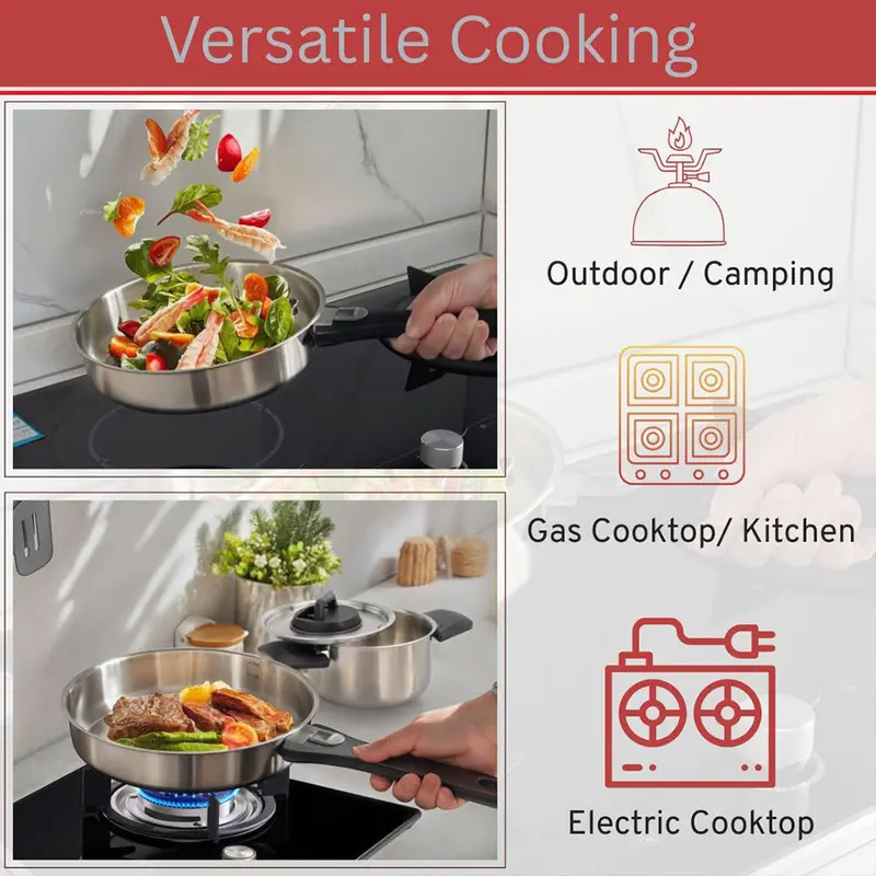 6-Piece Nesting Camping Cookware Set – Stainless Steel with Detachable Handles & Space-Saving Design