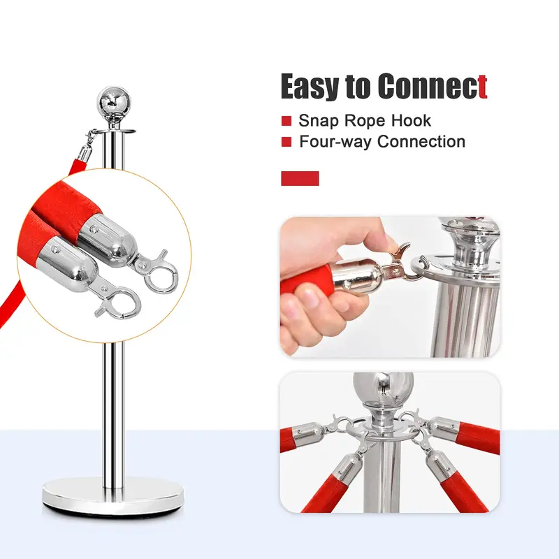 6-Piece Stainless Steel Queue Management Set – Polished Round-Top Stanchions with Retractable Belts