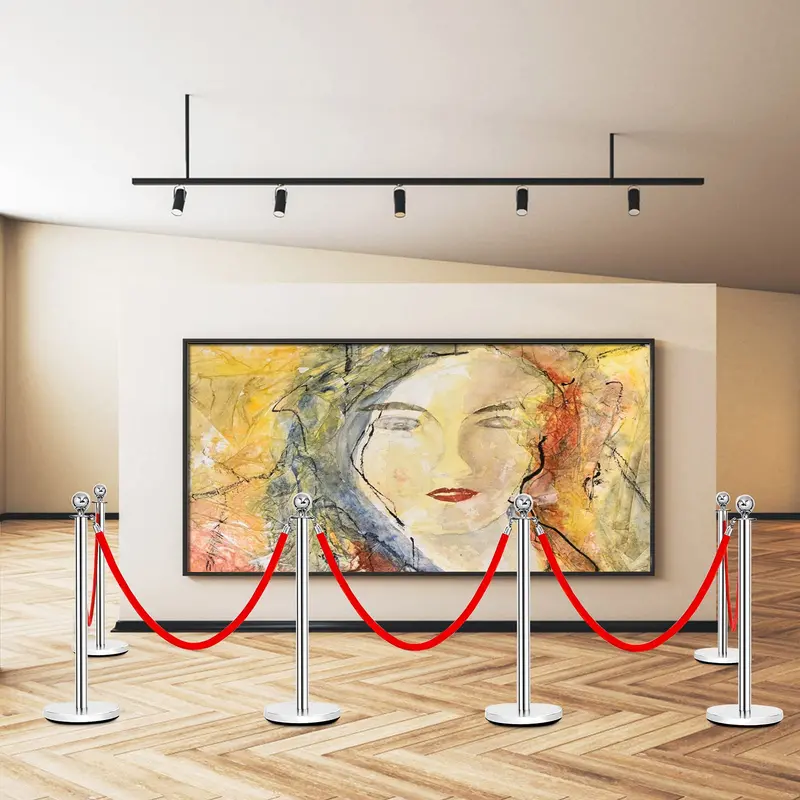 6-Piece Stainless Steel Queue Management Set – Polished Round-Top Stanchions with Retractable Belts