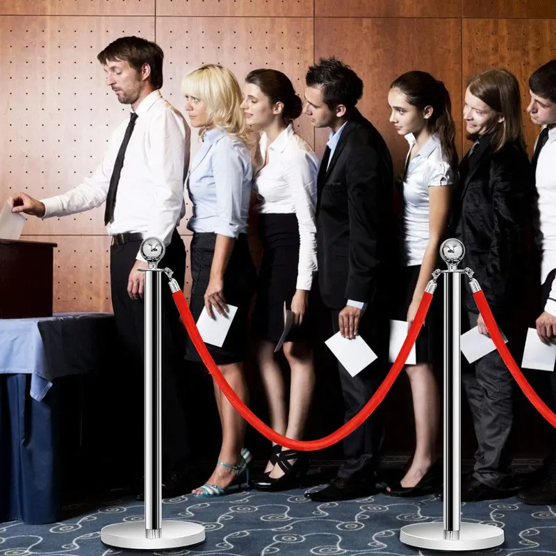 6-Piece Stainless Steel Queue Management Set – Polished Round-Top Stanchions with Retractable Belts