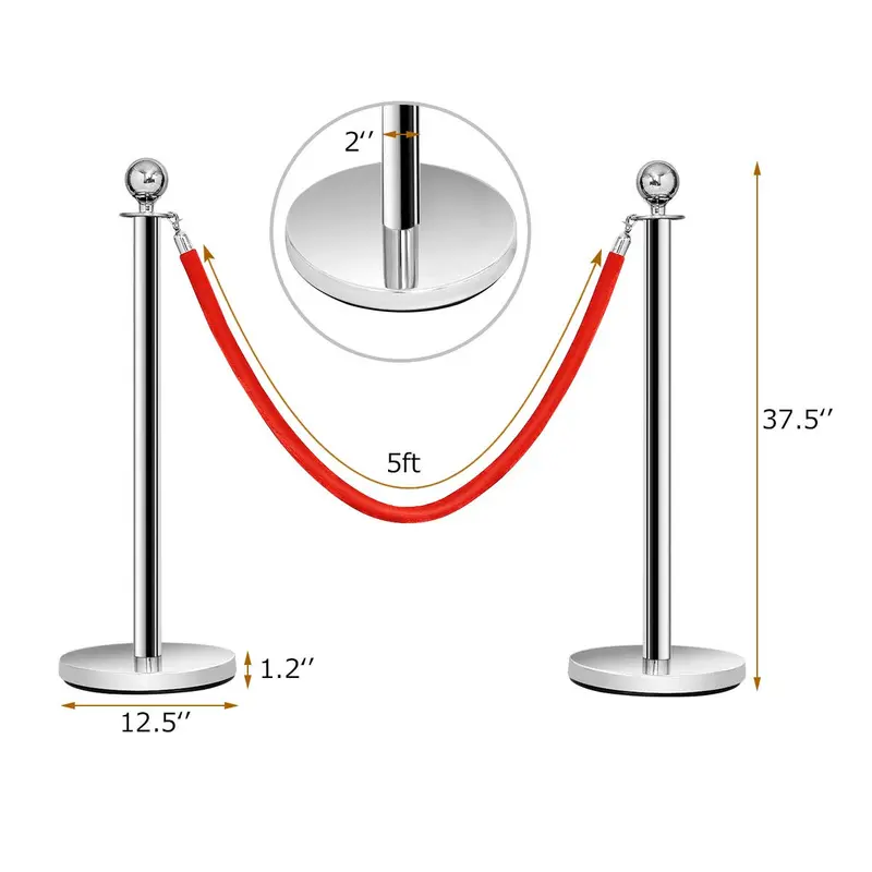 6-Piece Stainless Steel Queue Management Set – Polished Round-Top Stanchions with Retractable Belts