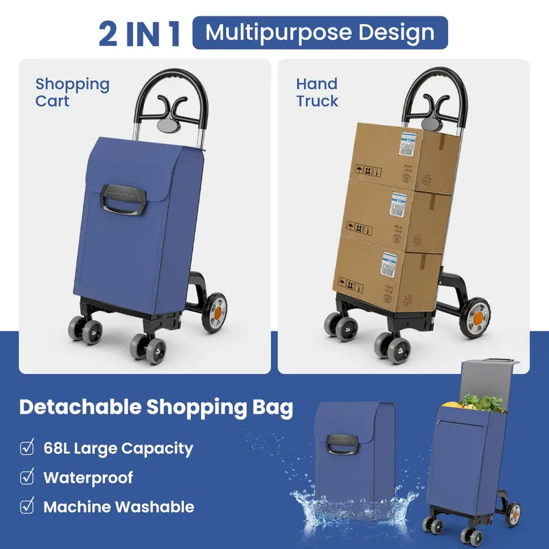 6-Wheel Heavy-Duty Folding Grocery Cart, Expandable Shopping Trolley with Reinforced Frame 2