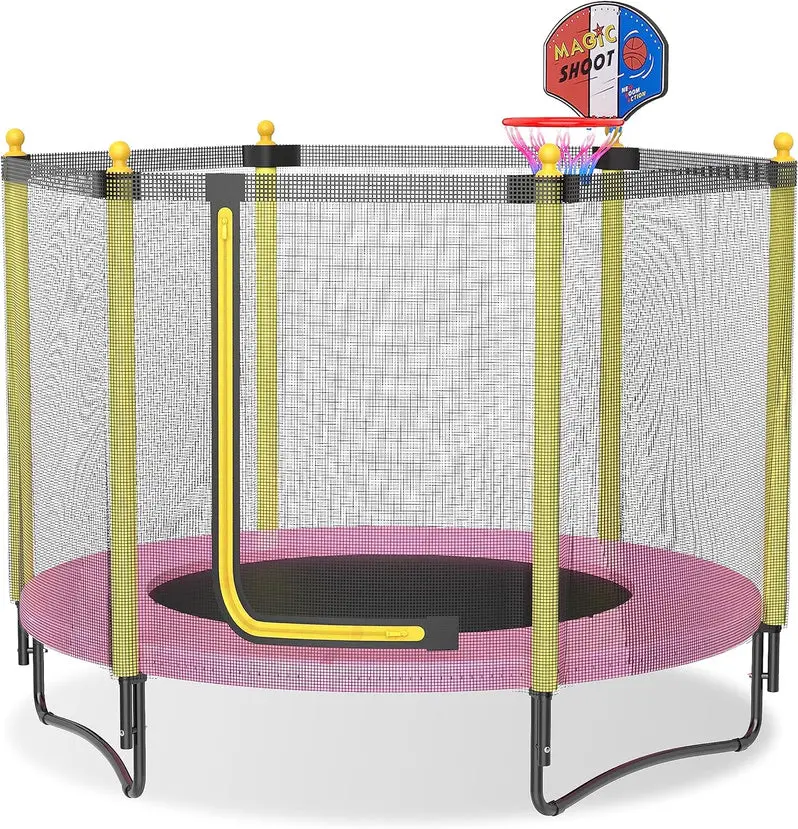 60-Inch Enclosed Trampoline with Safety Net & Basketball Hoop for Ages 1–8