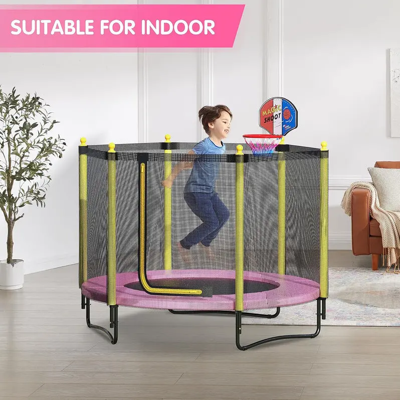 60-Inch Enclosed Trampoline with Safety Net & Basketball Hoop for Ages 1–8