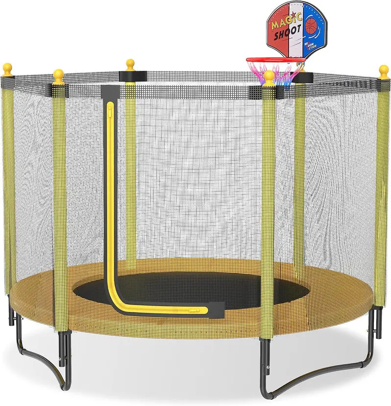 60-Inch Enclosed Trampoline with Safety Net & Basketball Hoop for Ages 1–8